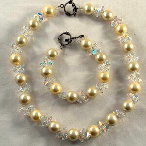Necklace, bracelet set, faux yellow pearls with crystals, vintage
